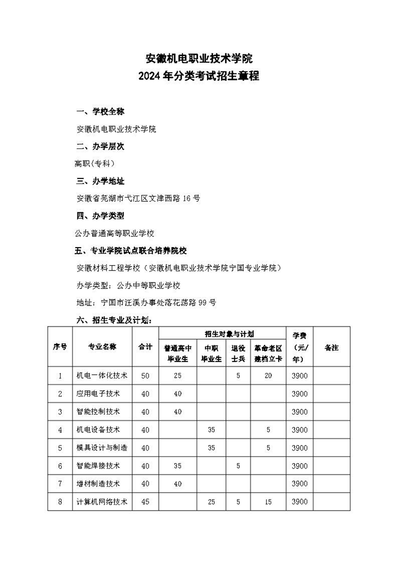 安徽機電職業(yè)技術(shù)學(xué)院2024年分類考試招生章程